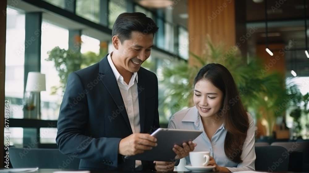 Asian business people working together using digital tablet in modern office drinking coffee. Smiling Japanese lawyers in suit and blouse. Asian business people working together using digital tablet in modern office drinking coffee. Smiling Japanese lawyers in suit and blouse.