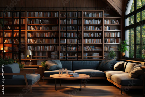 A quiet library with rows of bookshelves and cozy reading nooks. Concept of knowledge and education. Generative Ai.