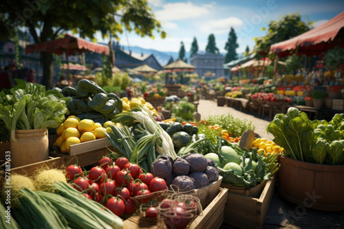 A bustling farmer's market with stalls of fresh produce and artisanal goods. Concept of local commerce and community. Generative Ai. photo