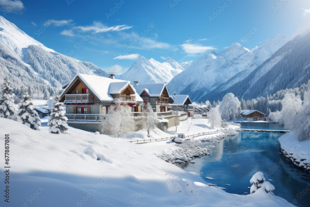 A snow-covered alpine village nestled in the mountains. Concept of winter wonderland and alpine living. Generative Ai.