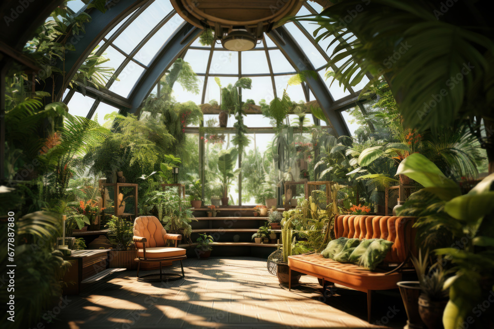 A contemporary greenhouse filled with exotic plants and tropical foliage. Concept of botany and horticulture. Generative Ai.