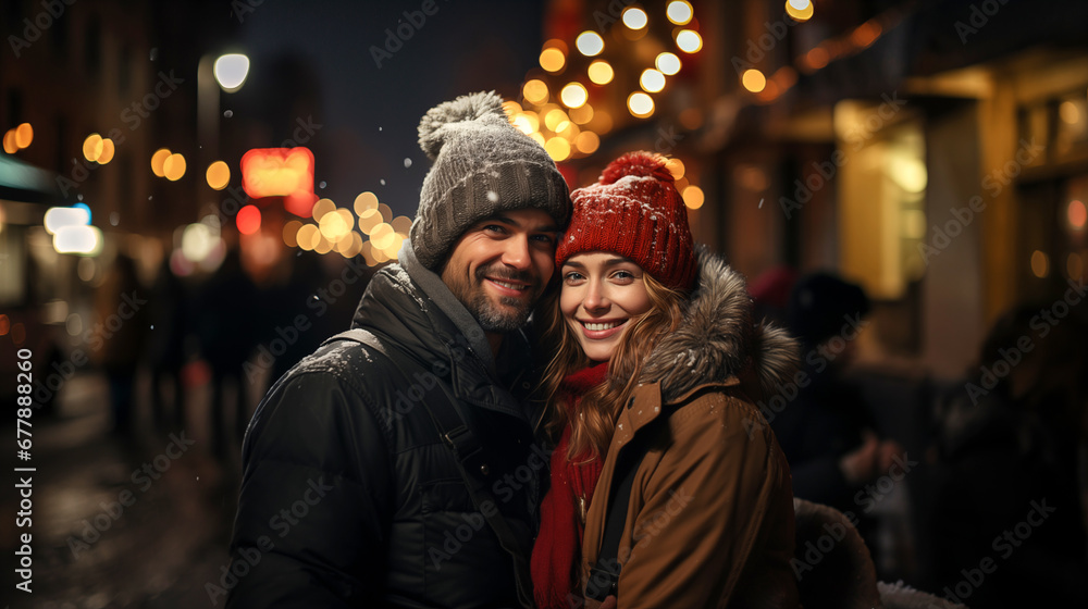 Beautiful couple on the street in the light of Christmas windows. Holiday feeling. Generative AI