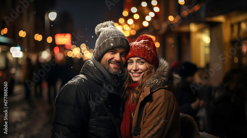 Beautiful couple on the street in the light of Christmas windows. Holiday feeling. Generative AI