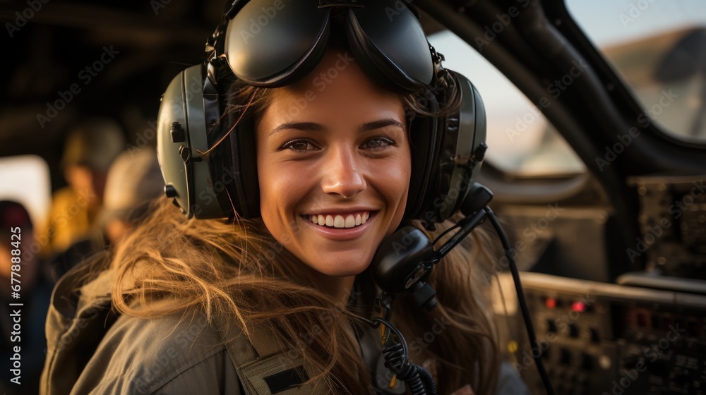 A beautiful female pilot taking a selfie in the cockpit while piloting a plane with the sky in the background. A beautiful female pilot taking a selfie in the cockpit while piloting a plane with the sky in the background.