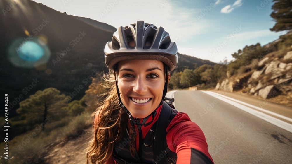 A beautiful female cyclist taking a selfie while cycling with pine trees and hills in the background. A beautiful female cyclist taking a selfie while cycling with pine trees and hills in the background.