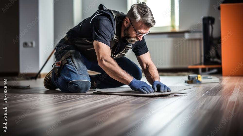 A Construction worker installing laminate flooring, room decoration design, professional technician, laminate background. A Construction worker installing laminate flooring, room decoration design, professional technician, laminate background.