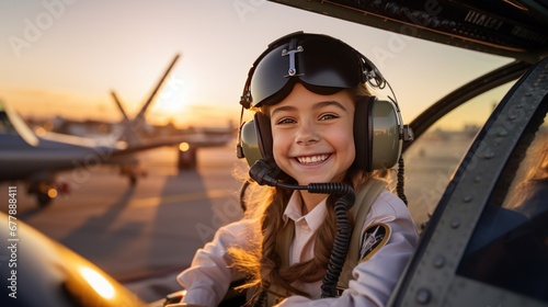 A beautiful young female pilot takes a selfie in the cockpit while piloting a plane with the sky in the background. The concept of the dream of flying a plane.