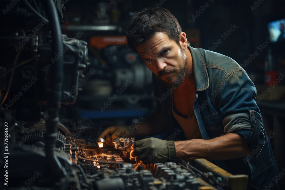 A mechanic under a car's hood, repairing the engine with grease-stained hands. Concept of automotive expertise and hard work. Generative Ai.