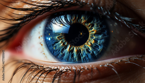 Close up of a blue eye, staring, watching, reflecting beauty and health generated by AI