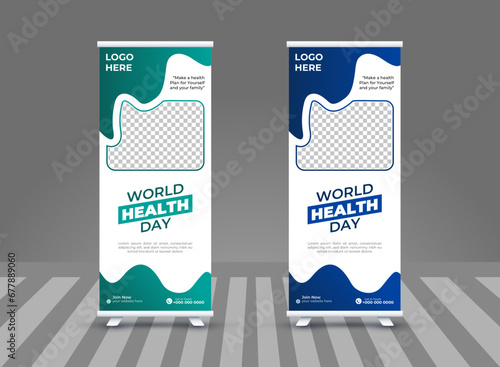 minimalist and sample medical roll up banner design, medical roll up banner design layout, banners mockup, colorful marketing pull up advertisement retractable  banner design in illustrator