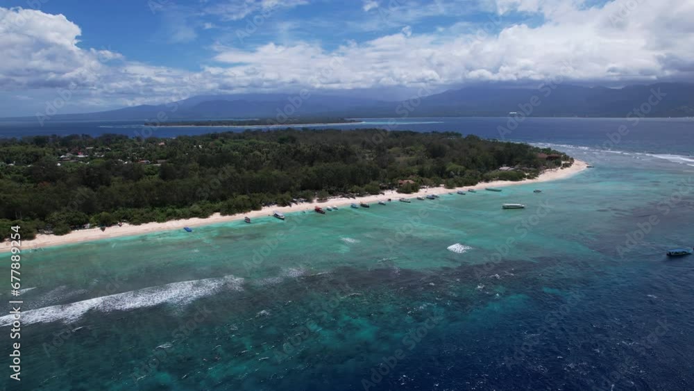Aerial view of Gili Meno and Gili Air in Lombok from Gili Trawangan, Bali, Indonesia. Drone is hovering above tropical islands at sunny daylight in summer. Tranquility vacation concept Aerial view of Gili Meno and Gili Air in Lombok from Gili Trawangan, Bali, Indonesia. Drone is hovering above tropical islands at sunny daylight in summer. Tranquility vacation concept
