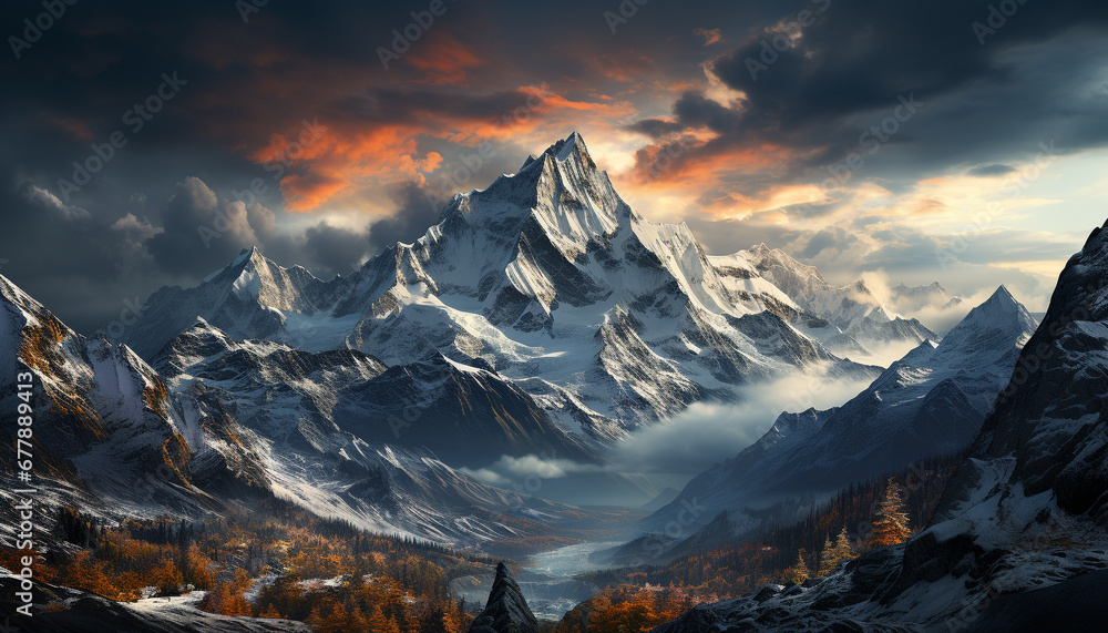 Majestic mountain peak in tranquil autumn landscape generated by AI
