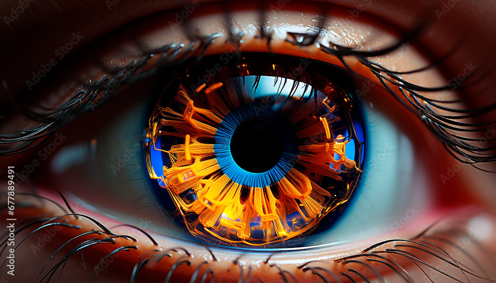 Close up of a blue iris, watching, reflecting beauty and futuristic technology generated by AI