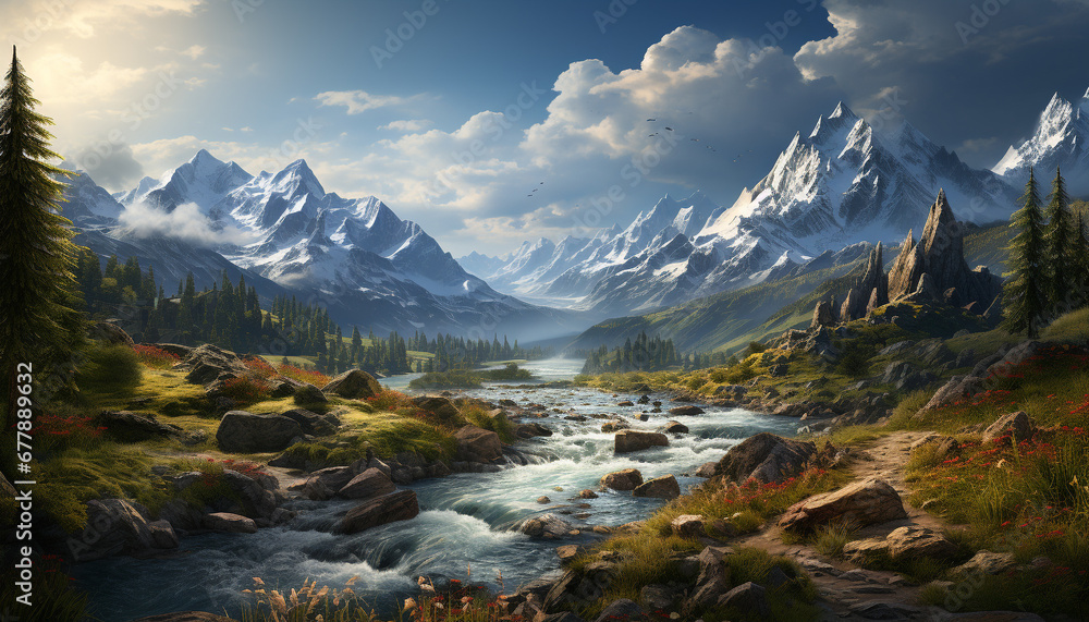 Majestic mountain peak reflects in tranquil water, showcasing nature beauty generated by AI Majestic mountain peak reflects in tranquil water, showcasing nature beauty generated by AI