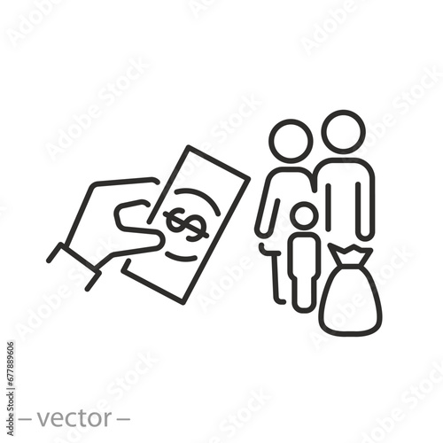 financial assistance to refugees icon, money for displaced people, help for migrants, thin line symbol - editable stroke vector illustration