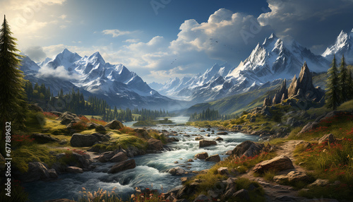 Majestic mountain peak reflects in tranquil water, showcasing nature beauty generated by AI