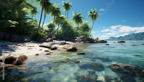 Idyllic tropical coastline  palm trees sway  waves crash on rocks generated by AI