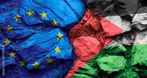 European Union and Palestine flags on a rock wall with cracks, stone texture, concept of conflict and confrontation