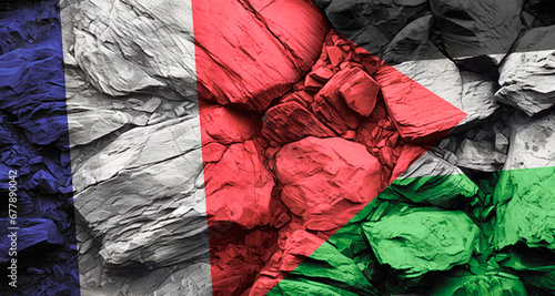 Flags of France and Palestine on a rock wall with cracks, stone texture, concept of conflict and confrontation