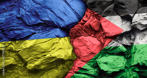 Flags of Ukraine and Palestine on a rock wall with cracks, stone texture, concept of conflict and confrontation