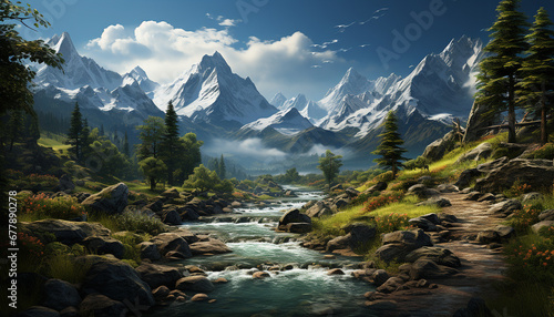 Majestic mountain peak reflects in tranquil water, nature breathtaking beauty generated by AI