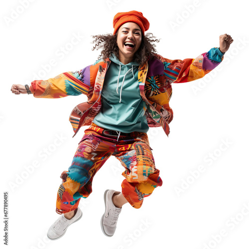 Happy young woman dancing or jumping, isolated on white or transparent background.
