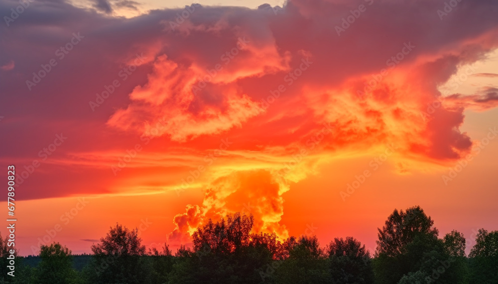 Obraz premium Vibrant sunset silhouettes tree in idyllic rural landscape beauty generated by AI