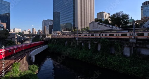 Lots of trains coming and going. Scenery of Ochanomizu Station in Tokyo. photo