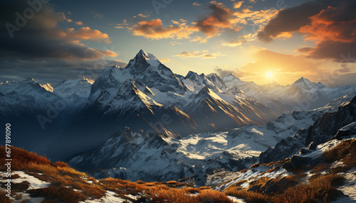 Majestic mountain peak, snow covered, panoramic landscape generated by AI © Jemastock