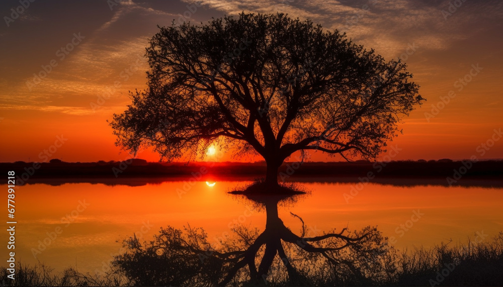 Golden acacia tree reflects vibrant sunset over tranquil African landscape generated by AI Golden acacia tree reflects vibrant sunset over tranquil African landscape generated by AI