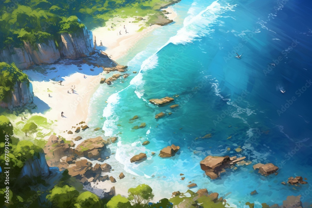 A breathtaking view of a beach from above with a mesmerizing and enchanting illustration. Generative AI