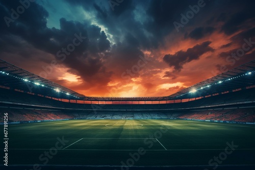 Deserted soccer stadium at sunset with vibrant lighting. Generative AI