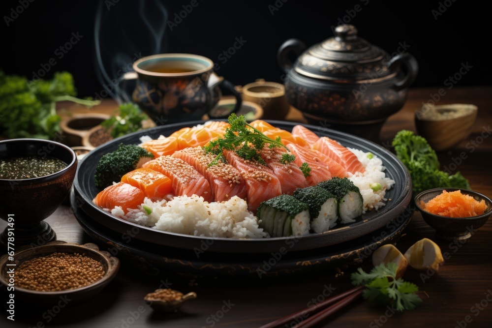 The aesthetics of Japanese cuisine. Sushi. Rice with vinegar seasoning. Various seafood. Delicottes. Tasty food. Seasonings and spices. Sashimi Rolls Ramen Poké. The aesthetics of Japanese cuisine. Sushi. Rice with vinegar seasoning. Various seafood. Delicottes. Tasty food. Seasonings and spices. Sashimi Rolls Ramen Poké.