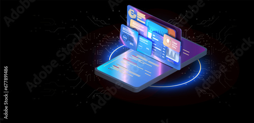 holographic interface for data analysis. The laptop is set against a neon cyber background, showcasing the concept of advanced technology, artificial intelligence, and virtual reality.