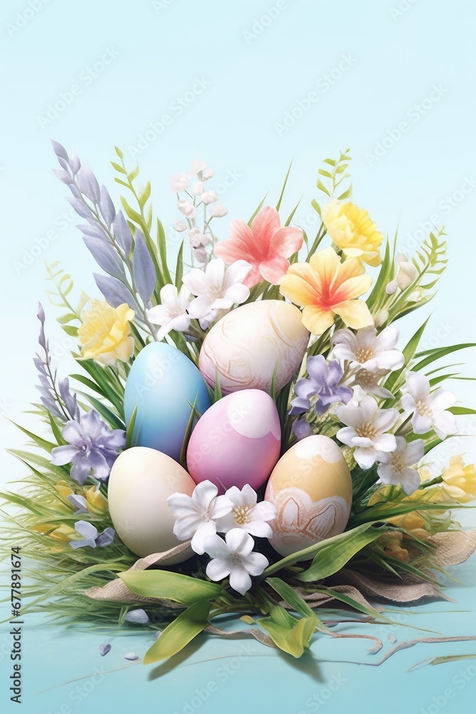 Spring Easter background. A composition of Easter eggs and spring flowers. 