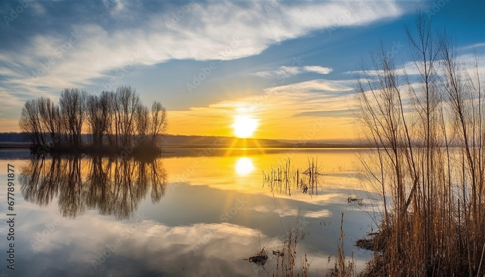 Vibrant sunset reflects on tranquil pond, silhouetting tree branches generated by AI Vibrant sunset reflects on tranquil pond, silhouetting tree branches generated by AI