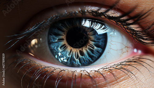 Close up of a blue iris, a captivating beauty in one person generated by AI