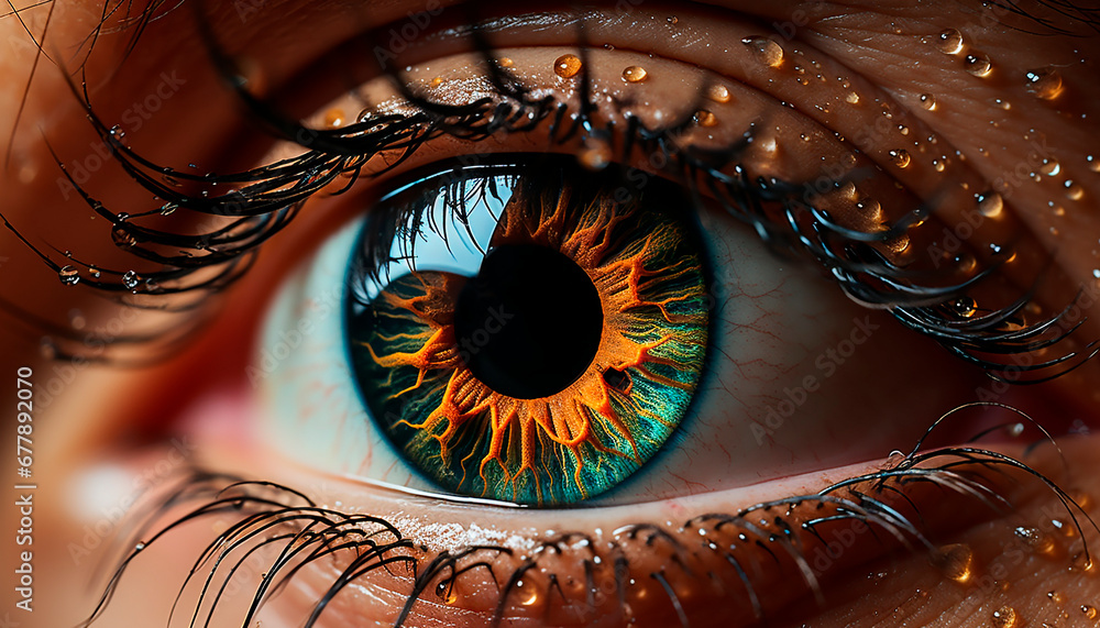 Close up of a human eye, looking at camera, reflecting beauty generated by AI