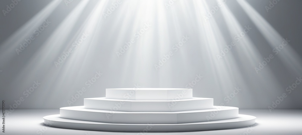 Obraz premium generative ai. A white podium under the spotlights on a solid gray background. Spherical podium of steps for product presentation and advertising.