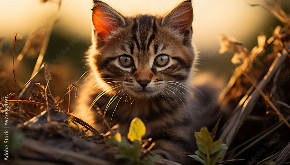 Cute kitten sitting in grass, staring at camera generated by AI