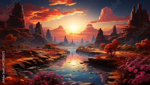 Sunset over ancient ruins, a mystical landscape painted by nature generated by AI