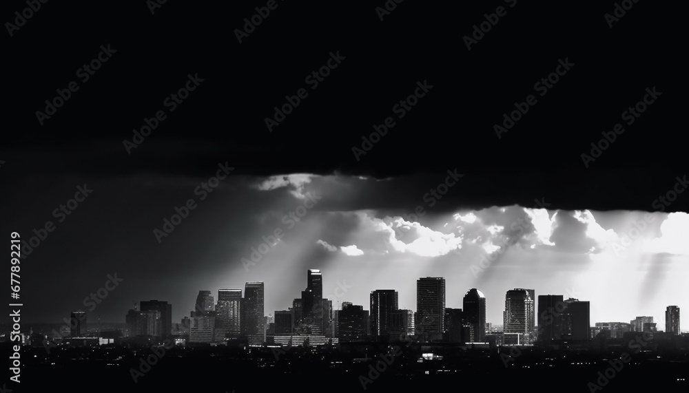 Moody cityscape silhouettes against dramatic stormy sky, no people present generated by AI