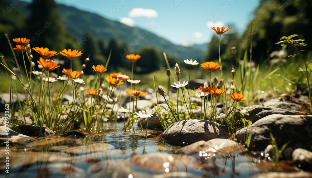 A beautiful meadow with yellow daisies and green grass generated by AI A beautiful meadow with yellow daisies and green grass generated by AI