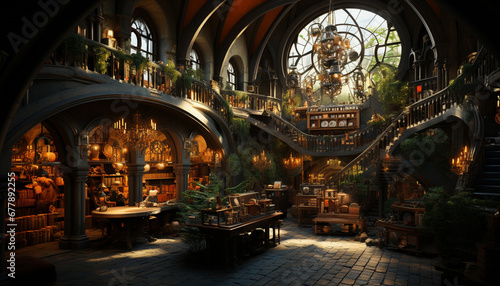 Nighttime in a medieval city, illuminated by gothic architecture and lanterns generated by AI