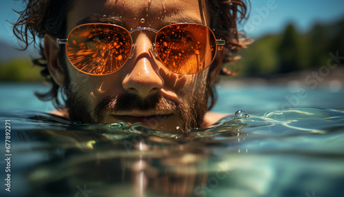 A man in sunglasses enjoys summer outdoors, swimming in a pool generated by AI photo