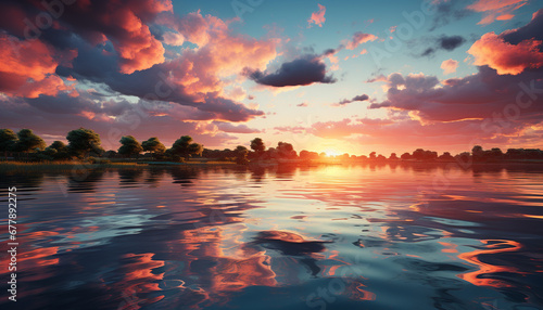 Sunset over water, reflecting vibrant colors in sky generated by AI