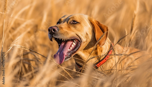 Purebred retriever puppy sitting in meadow, tongue out, playful and cheerful generated by AI