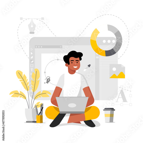 Graphic designer, creative creator design, digital computer display workspace. Modern flat line design concept for web with outline people scene