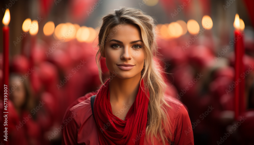 Young woman smiling, looking at camera, enjoying nightlife generated by AI