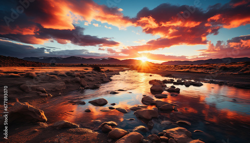 Majestic mountain range reflects in tranquil water generated by AI